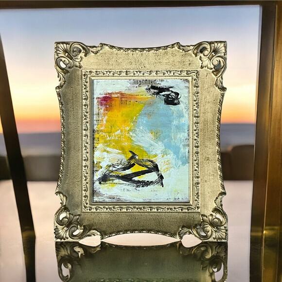 None Other - Original Framed Mixed Media Abstract Art Painting 10x11 "Temptation"